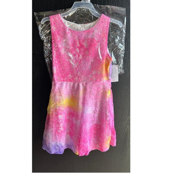 Girls Tie Dye Easter Dress Lace Pink Yellow Purple Lace Over The Skirt 8-12 - Picture 1 of 9